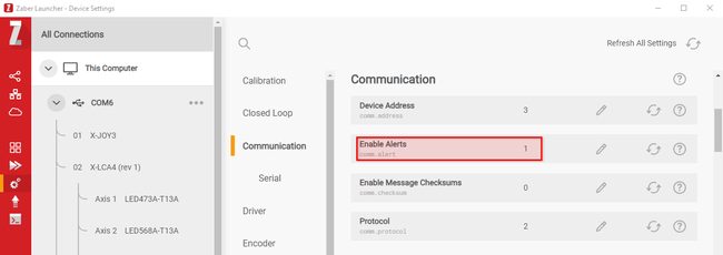 Screenshot of Zaber Launcher software showing how to enable comm alerts
