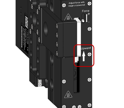 The stage must be mounted with a specific end facing upwards. The upwards direction is indicated by an arrow on the side of the counterbalance.